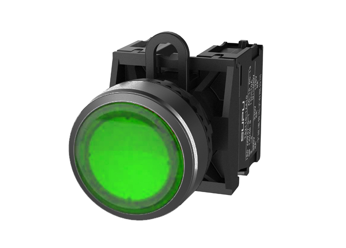 Кнопка плоская (зеленая) TS2011-0AL20 - Кнопка круглая плоская, с блокировкой, с подсветкой, пластиковое переднее кольцо, без контактной группы, диаметр головки кнопки 29,5 мм, диаметр посадочного отверстия: 22 мм, цвет: зеленый