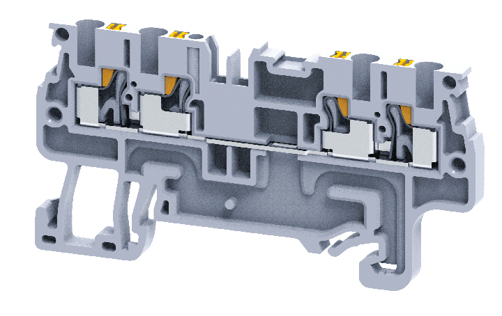 Проходная клемма CP1.5/4 - Проходная клемма, 4 точки подключения, тип фиксации провода: push-in, 1,5 мм кв., 15A, 800V, ширина: 3,5 мм, цвет: серый, тип монтажа: DIN 35