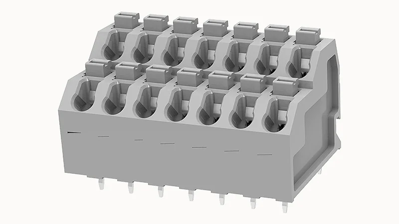 PCB клемма DG250T-5.0-14P-11 - Клемма PCB, на плату, пайка, шаг 5,0 мм, 7*2 полюсов, угол монтажа 90 гад., сечение проводников: 0.2 - 1.5 мм кв., Push-in фиксация провода, 450V, 12А, цвет: серый, серия DG250T