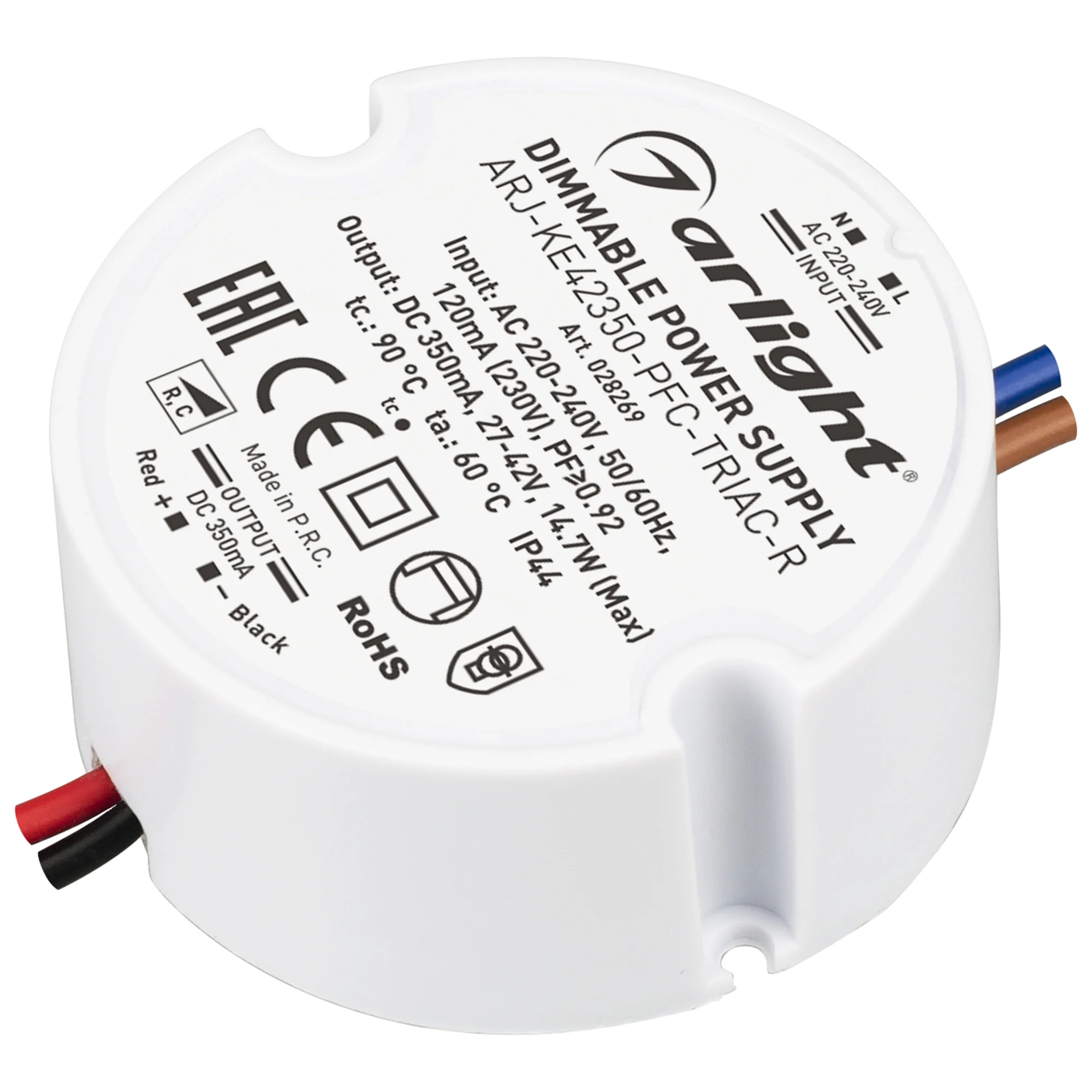 Блок питания ARJ-KE42350-PFC-TRIAC-R (15W, 350mA) 028269 - Диммируемый источник тока по стандарту TRIAC с гальванической развязкой для светильников и мощных светодиодов. Входное напряжение 220-240 VAC. Выходные параметры: 27-42 В, 350 mА, 15 Вт. Встроенны