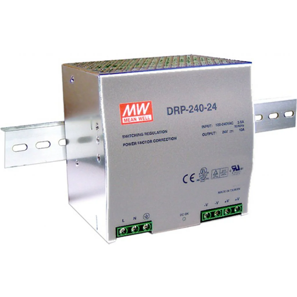DRP-240-24 - Преобразователь AC-DC на DIN-рейку  240Вт, выход 24В/10A, рег. вых. 24...28В, вход 85…264V AC, 47…63Гц /120…370В DC, изоляция 3000В AC, в кожухе  125х100х125мм, -10…+70°С