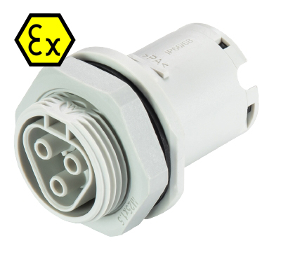 Разъем RST20I3FXB2 M01 GL - Взрывозащищенный розеточный разъем в панель, М25, IP68(69k), 3 полюса, пружинная фиксация провода, номинальные характеристики: 250/400V, 20A, цвет: белый, серия RST Ex