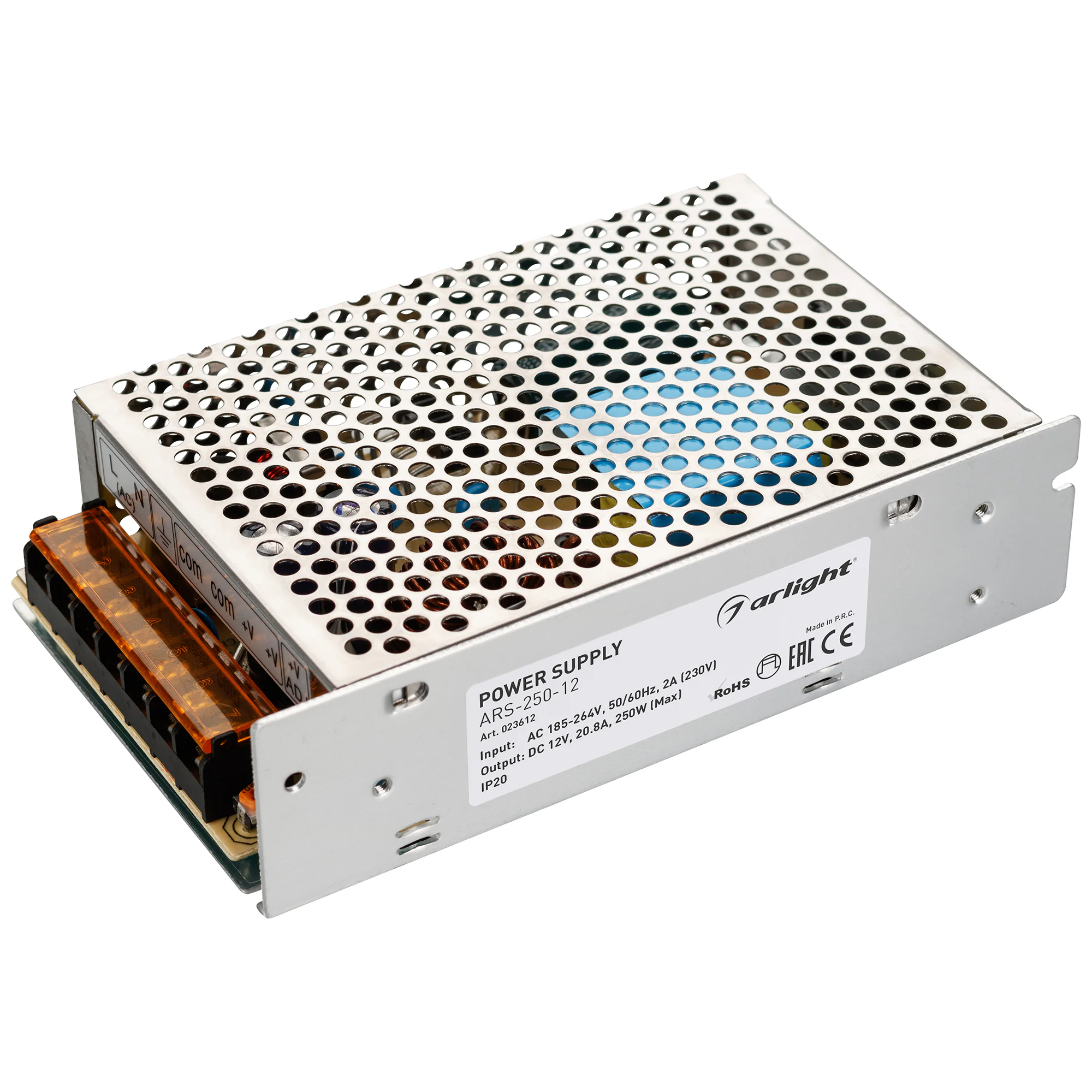 Блок питания ARS-250-12 (12V, 20,8A, 250W) 023612 - Источник напряжения с гальванической развязкой для светодиодных изделий. Входное напряжение 185-264 VAC. Выходные параметры: 12 В, 20,8 А, 250 Вт. Встроенный PFC >0,5. Негерметичный алюминиевый сетчатый 