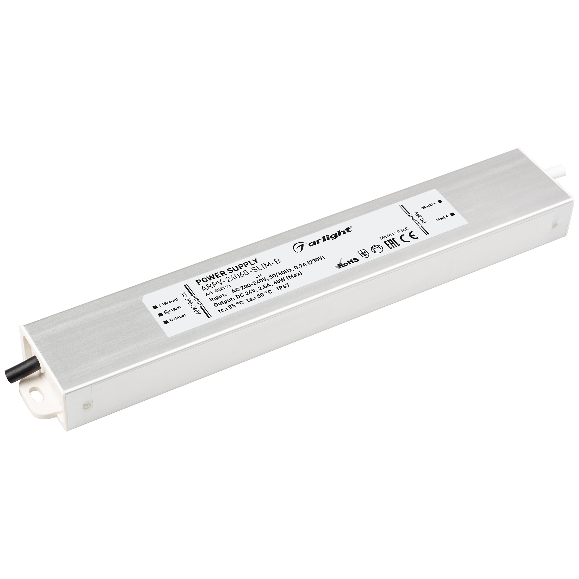 Блок питания ARPV-24060-SLIM-B (24V, 2.5A, 60W) 022193 - Источник напряжения с гальванической развязкой для светодиодных изделий. Входное напряжение 200-240 VAC. Выходные параметры: 24 В, 2,5 А, 60 Вт. Встроенный PFC >0,5. Герметичный алюминиевый корпус I