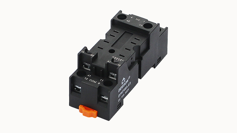 Колодка для реле DPKF08A-E3 - Колодка для реле DRPE-2CH, 12A, 300V, фиксация провода: с вилочным наконечником с защитой от прикосновения, пластик, цвет: черный, монтаж на DIN рейку