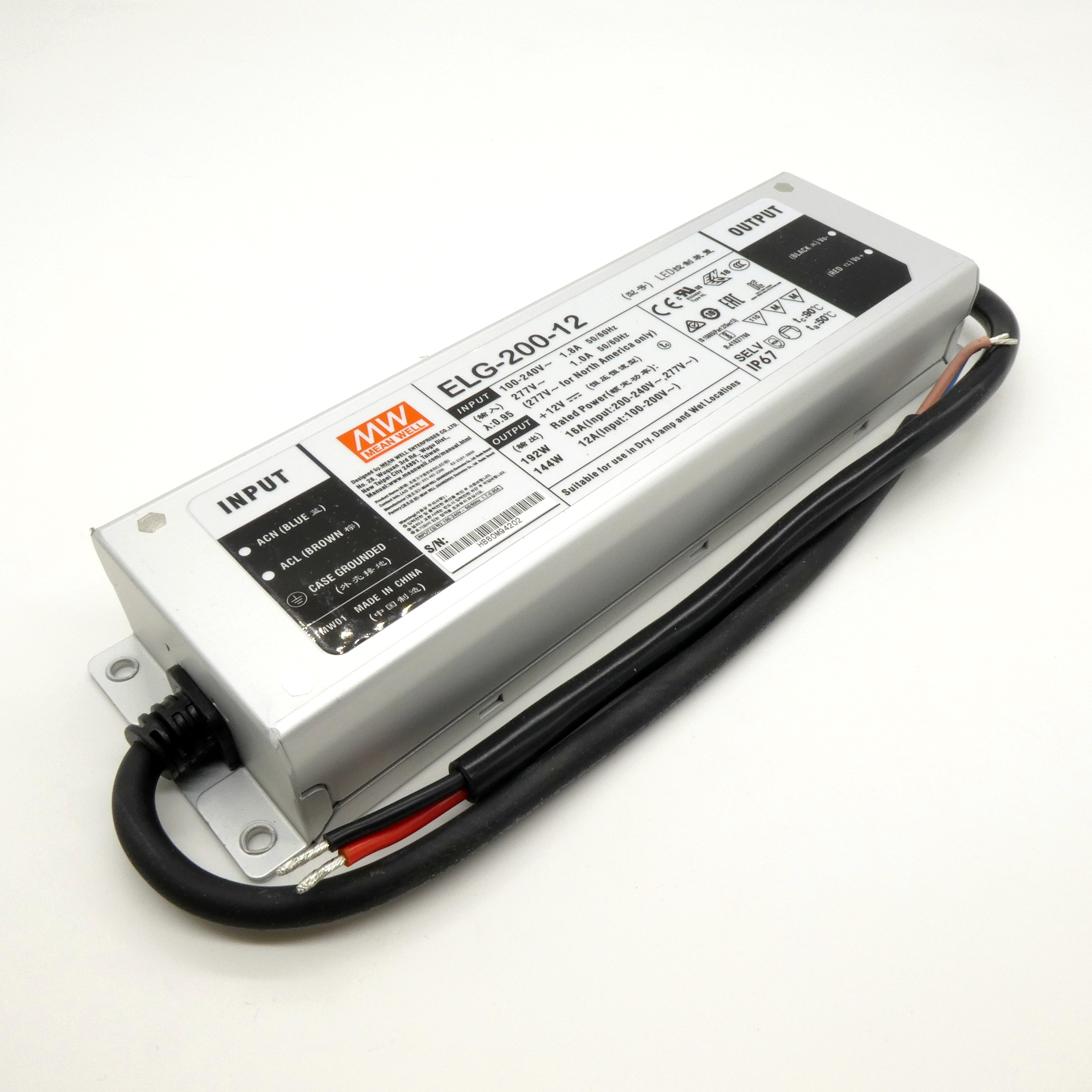 ELG-200-12 - AC-DC, 192Вт, IP65, вход 100…305В AC, 47…63Гц/142…431В DC, ККМ, выход 6…12В/16А, изоляция 3750В AC, в кожухе 244х71х37.5мм, -40…+85°С (корпус), потенциометры