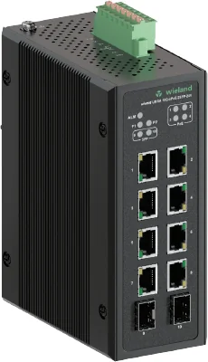 Коммутатор WIENET UMSA 10G-4PoE-24 - Коммутатор серии WieNet, неуправляемый, 8 портов RJ45 скорость передачи 10/100/1000 MBit/s, 2 SFP порта, 4 порта PoE, номинальное напряжение: 12-57 VDC, монтаж: на DIN рейку, материал корпуса: алюминий
