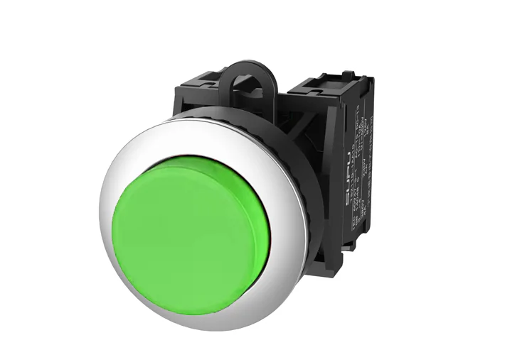 Кнопка выпуклая (зеленая) TS2520-0DM20-S20 - Кнопка круглая выпуклая, без блокировки, без подсветки, утопленное алюминиевое переднее кольцо, с мгновенным нажатием, с контактной группой 2NO, диаметр головки кнопки 36 мм, диаметр посадочного отверстия: 22 м