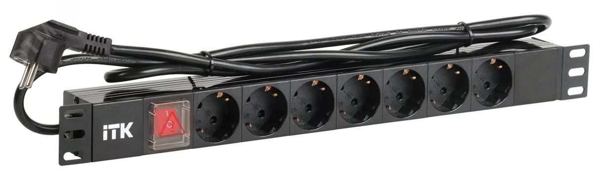 Блок распределения питания PDU 7 розеток DIN49440 с LED выключателем 1U шнур 2м вилка профиль из ПВХ черный (нем.станд) PH12-7D1-P