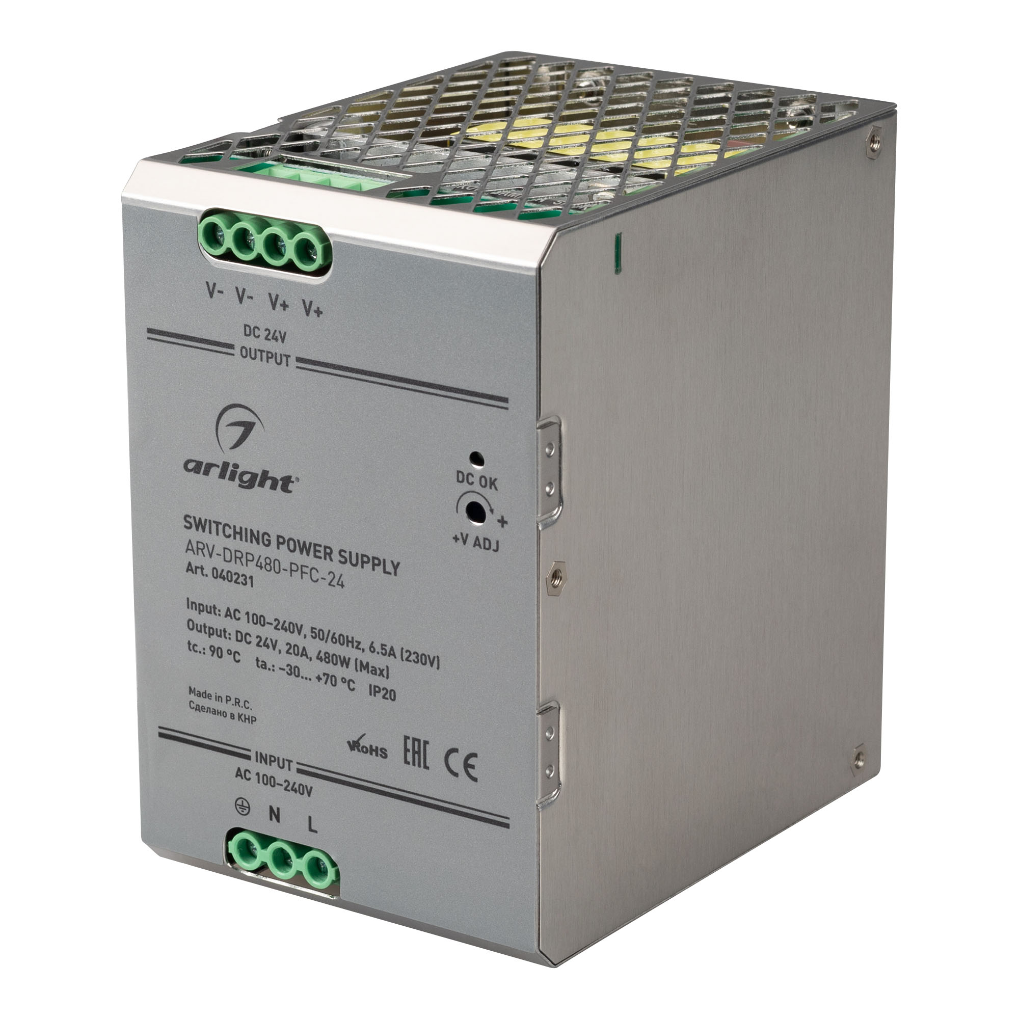 Блок питания ARV-DRP480-PFC-24 (24V, 20A, 480W) 040231 - Источник напряжения с гальванической развязкой для светодиодных изделий. Входное напряжение 100-240 VAC. Выходные параметры: 24 В, 20 А, 480 Вт. Негерметичный металлический корпус IP 20 для установк
