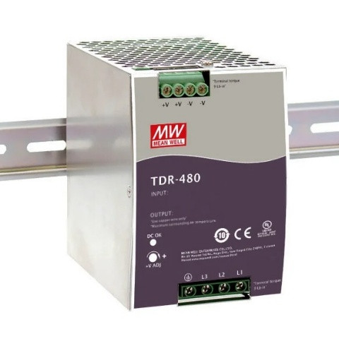 TDR-480-24 - AC-DC, 480Вт, ККМ, 3-х фазный, вход 340…550В AC, 47…63/480…780В DC, выход 24В/20A, рег. вых 24...28В,  изоляция 3000В AC, в кожухе на DIN-рейку 85.5х125.2х128.5мм, -30…+70°С