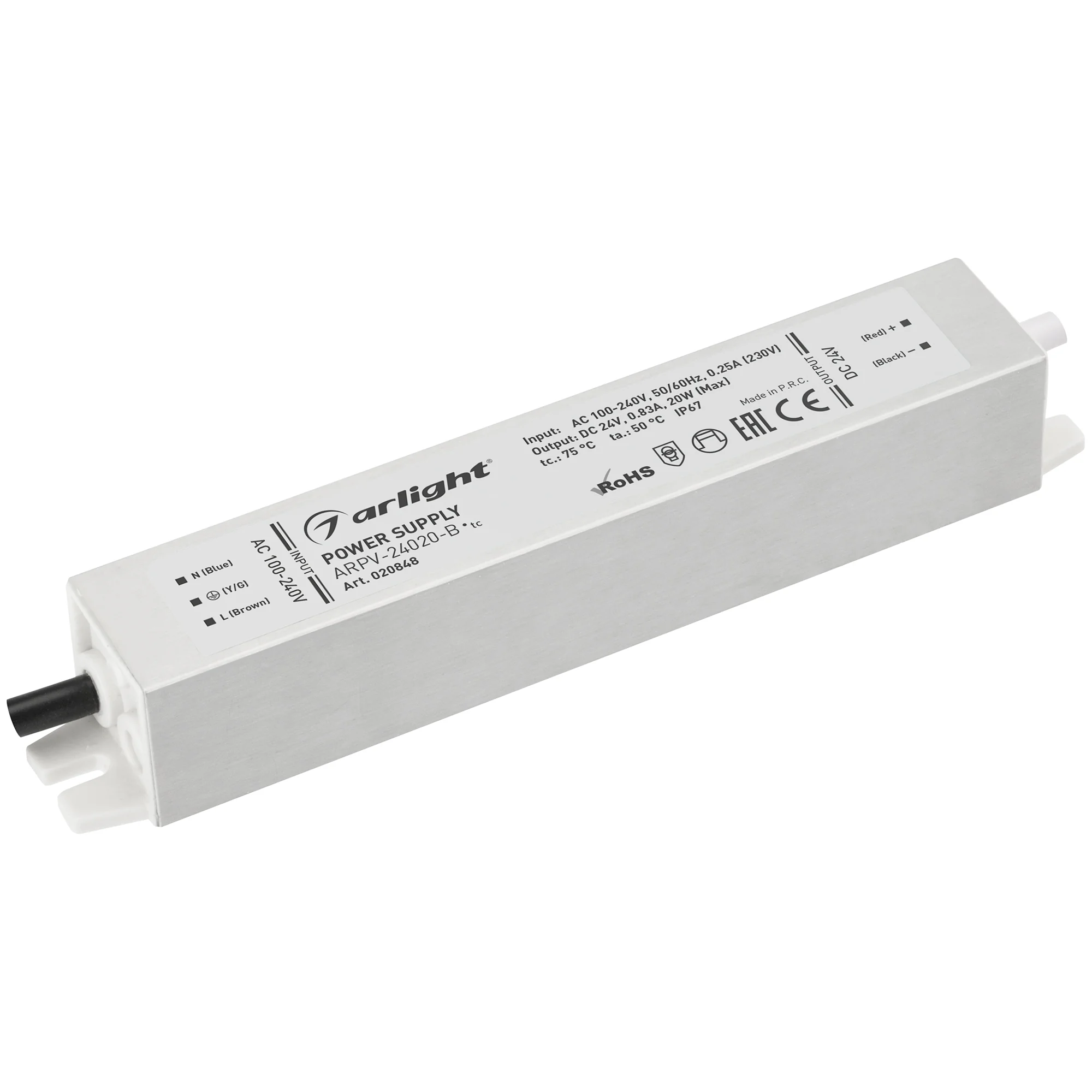Блок питания ARPV-24020-B (24V, 0.8A, 20W) 020848 - Источник напряжения с гальванической развязкой для светодиодных изделий. Входное напряжение 100-240 VAC. Выходные параметры: 24 В, 0,83 А, 20 Вт. Встроенный PFC >0,5. Герметичный алюминиевый корпус IP 67