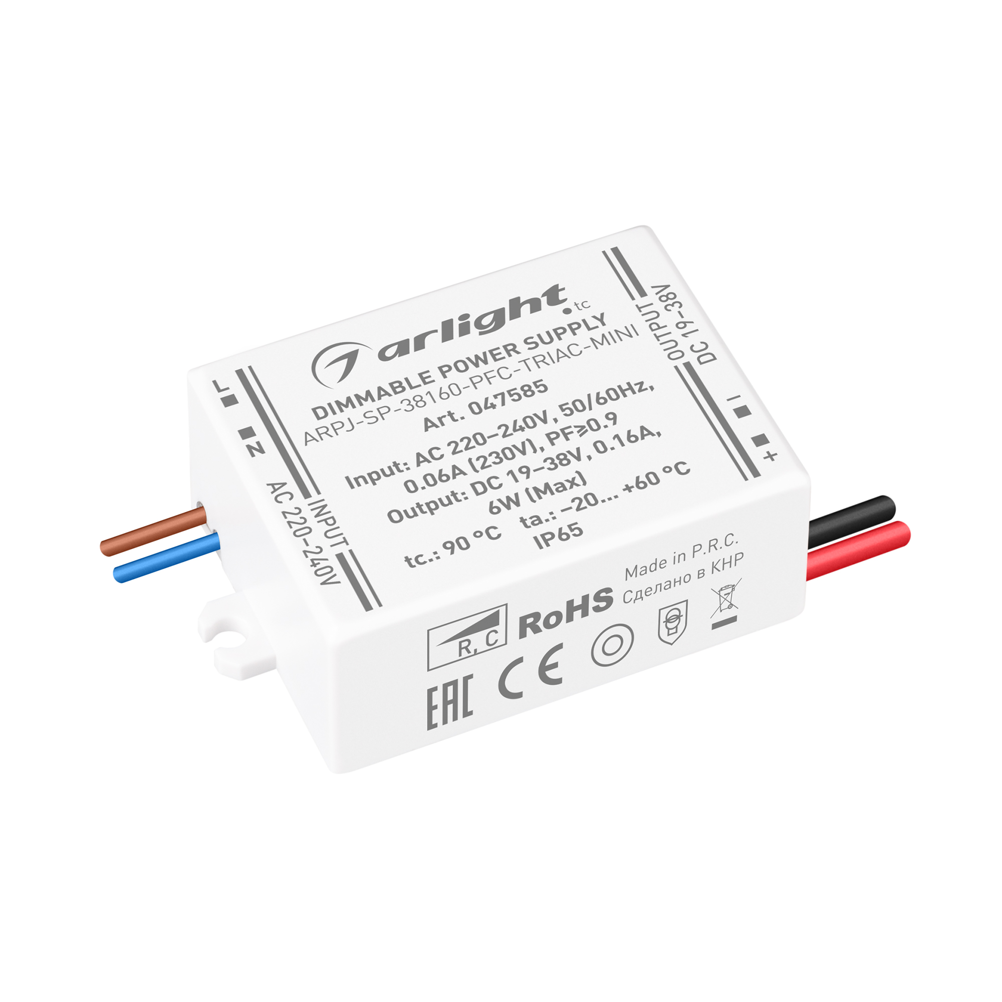 Блок питания ARPJ-SP-38160-PFC-TRIAC-MINI (6W, 19-38V, 160mA) 047585 - Диммируемый источник тока по стандарту TRIAC с гальванической развязкой для светильников и мощных светодиодов. Входное напряжение 220-240 VAC. Выходные параметры: 19-38 В, 160 mА, 6 Вт