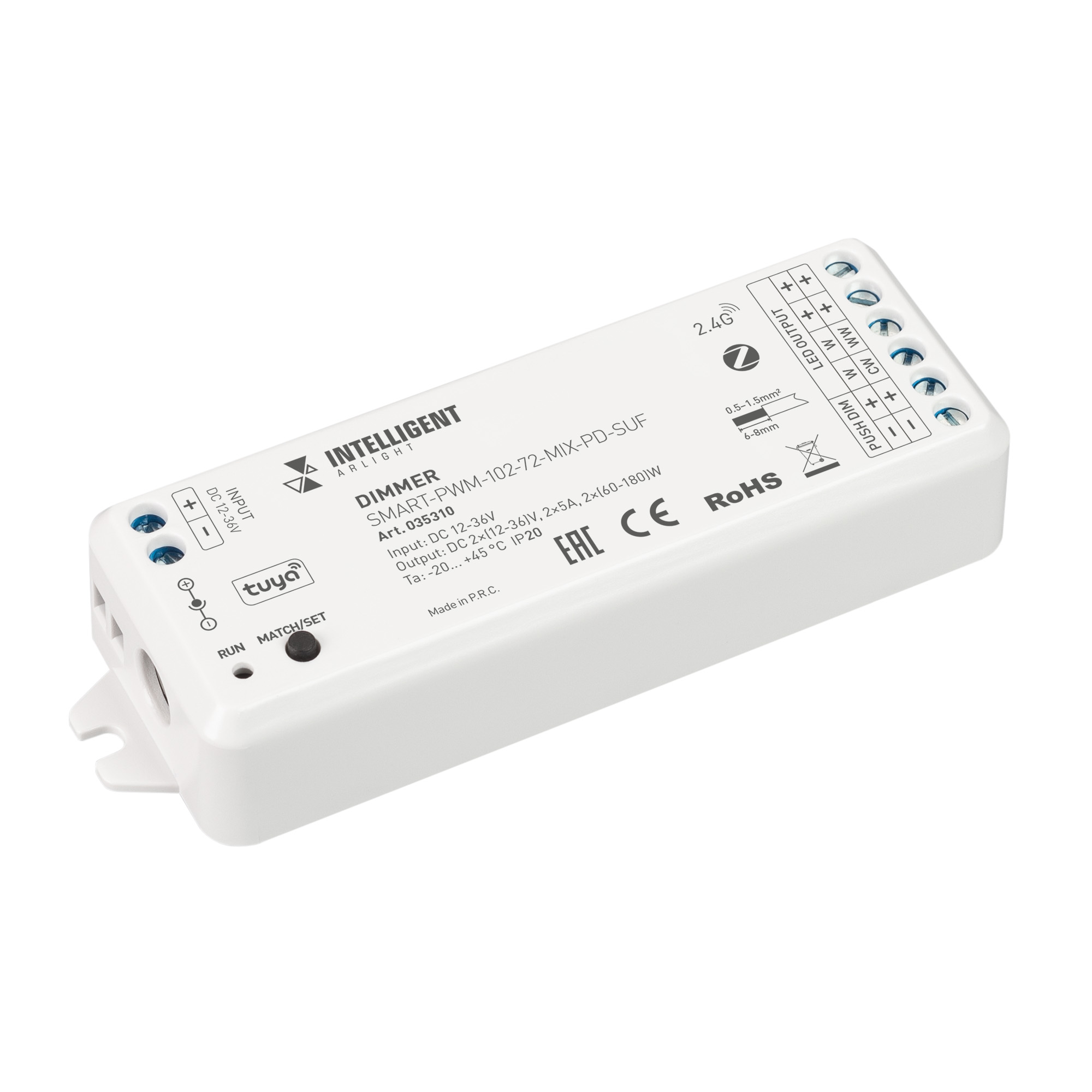 INTELLIGENT ARLIGHT Диммер SMART-PWM-102-72-MIX-PD-SUF (12-36V, 2x5A, ZB, 2.4G) 035310 - Многофункциональный 2-канальный контроллер для светодиодных DIM (1 канал) и MIX (2 канала) лент и модулей (ШИМ), интерфейс TUYA (через Tuya ZigBee шлюз), поддерживает