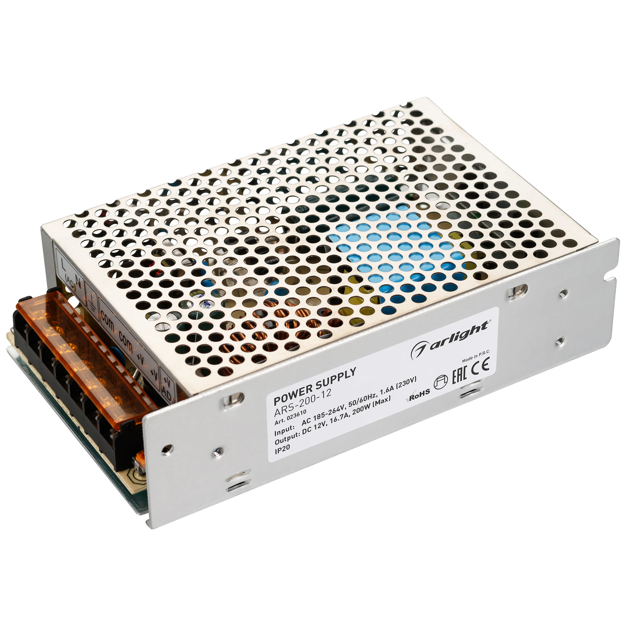 Блок питания ARS-200-12 (12V, 16.7A, 200W) 023610 - Источник напряжения с гальванической развязкой для светодиодных изделий. Входное напряжение 185-264 VAC. Выходные параметры: 12 В, 16,7 А, 200 Вт. Встроенный PFC >0,5. Негерметичный алюминиевый сетчатый 