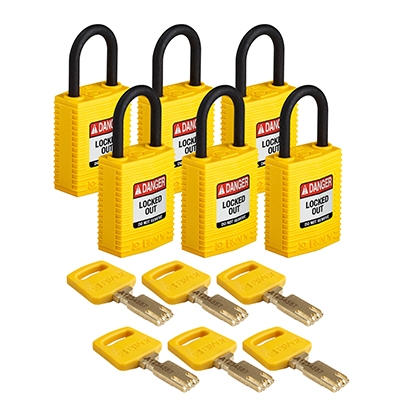 gws150208 - Замки SafeKey нейлоновые компактные, нейлоновая дужка, высота дужки – 25 мм, диаметр дужки – 4.3 мм, нейлоновый корпус, размеры корпуса – 43х32х19 мм, цвет – желтый, 6 шт/упак
