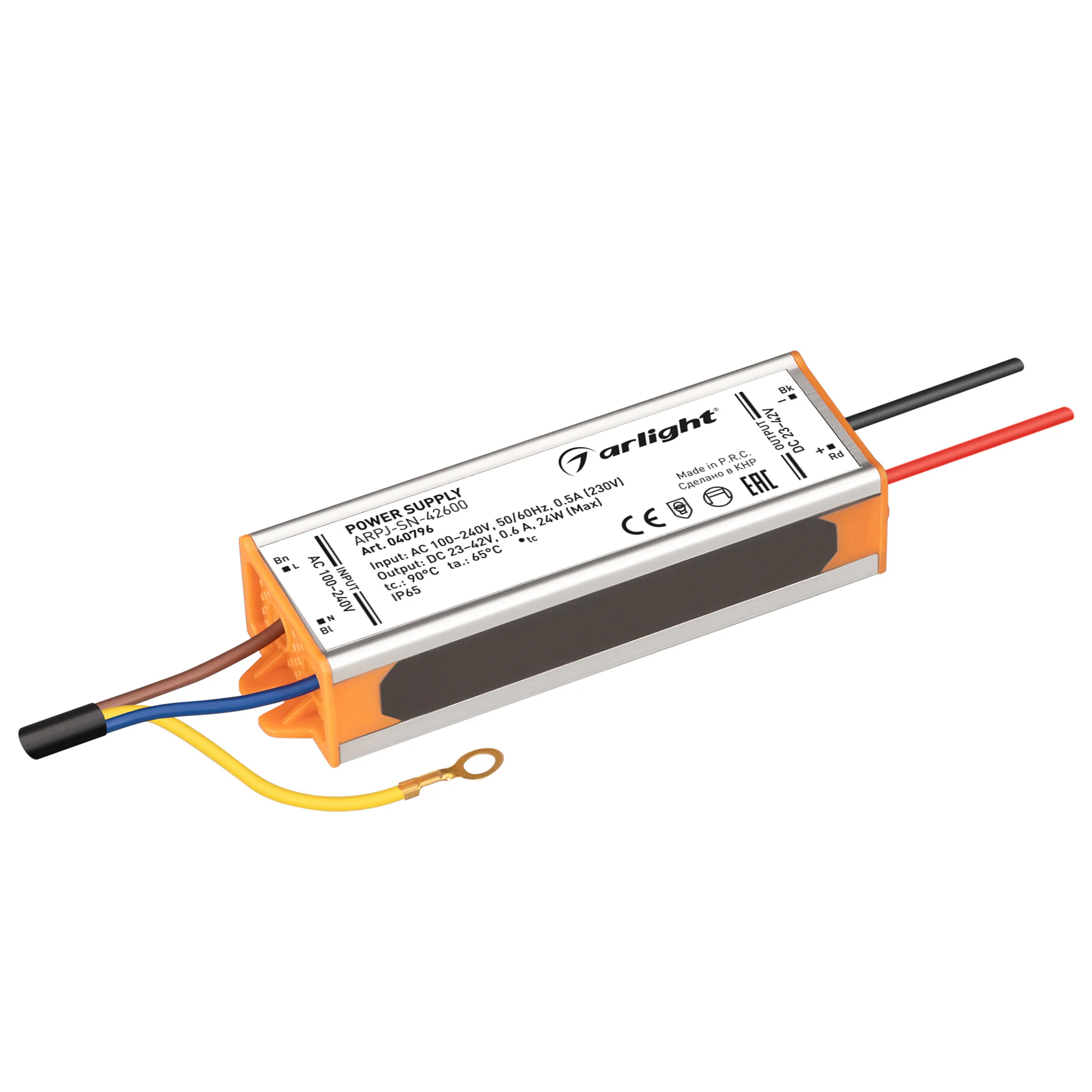 Блок питания ARPJ-SN-42600 (24W, 23-42V, 600mA) 040796 - Источник тока с гальванической развязкой для уличных светильников и мощных светодиодов. Входное напряжение 100-240 VAC. Выходные параметры: 23-42 В, 600 mА, 24 Вт. PF >0.5. Герметичный металлический