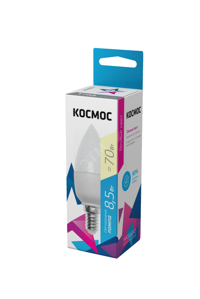 Лампа светодиодная 8.5Вт свеча 3000К тепл. бел. E14 220В КОСМОС LkecLED8.5wCNE1430