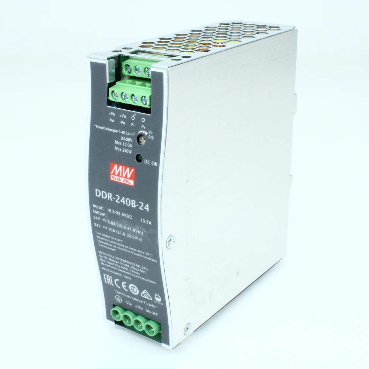 DDR-240B-24 - DC-DC, 240Вт, вход 16.8…33.6 В DC, выход 24В/10А, изоляция 4000В DC, в кожухе на DIN-рейку, 40х125.2х113.5мм, -40...+70°С