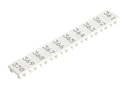 Шильдик 9705A/8/10 B 361-370 - Маркировка для клемм сечением 6 мм.кв., шириной 8 мм, 10 шильдиков, белая, нанесенные знаки: 361 – 370