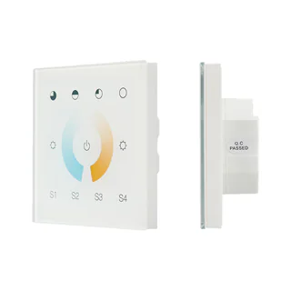 INTELLIGENT ARLIGHT Сенсорная панель DALI-901-11-1G-4SC-MIX-DT8-IN White (BUS/230V) 037196 - Настенная встраиваемая стеклянная панель белого цвета с сенсорным управлением (сенсорное кольцо и 11 сенсорных кнопок) для светодиодных MIX-источников света. 1 зо
