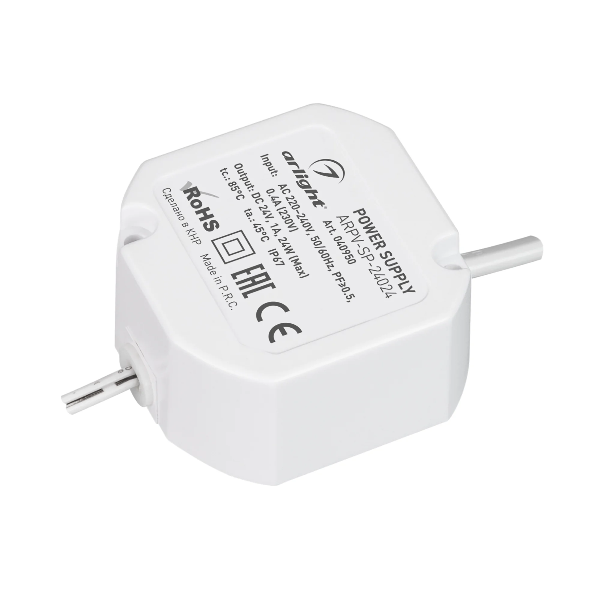 Блок питания ARPV-SP-24024 (24V, 1A, 24W) 040950 - Источник напряжения с гальванической развязкой для светодиодных изделий. Входное напряжение 220-240 VAC. Выходные параметры: 24 В, 1 А, 24 Вт, PF >0.5. Герметичный пластиковый корпус IP 67. Рабочая темпер
