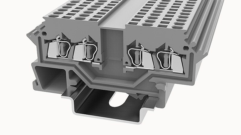 Проходная клемма WS1.5-QU-LD-01P-11 - Проходная клемма, 4 точки подключения, тип фиксации провода: пружинный, номинальное сечение: 1.5 мм кв., 18A, 800V, ширина: 4 мм, цвет: серый, тип монтажа: DIN35