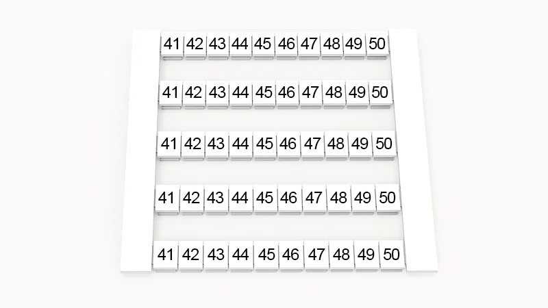 Марк. кассета DEK5-50P-19-22Z(H) - Маркировочные шильдики для клемм WS…, сечением 2,5 мм кв., боковая, 50 шильдиков, нанесенные символы: 41-50, по 5 полосок,с вертикальным расположением, размер шильдика: 4,8х5,5 мм, цвет белый