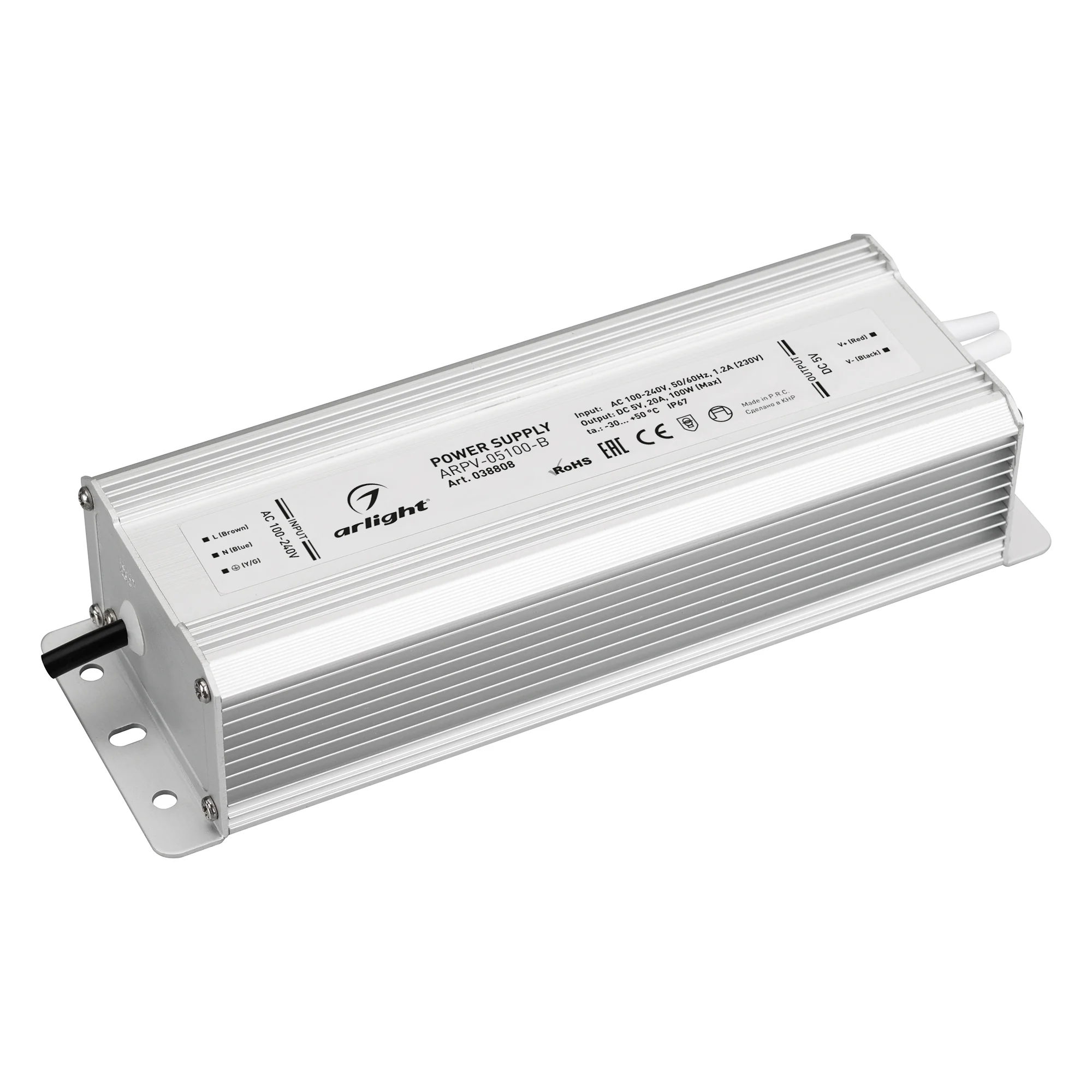 Блок питания ARPV-05100-B (5V, 20.0A, 100W) 038808 - Источник напряжения с гальванической развязкой для светодиодных изделий. Входное напряжение 100-240 VAC. Выходные параметры: 5 В, 20 А, 100 Вт. Встроенный PFC >0,5. Герметичный алюминиевый корпус IP 67.