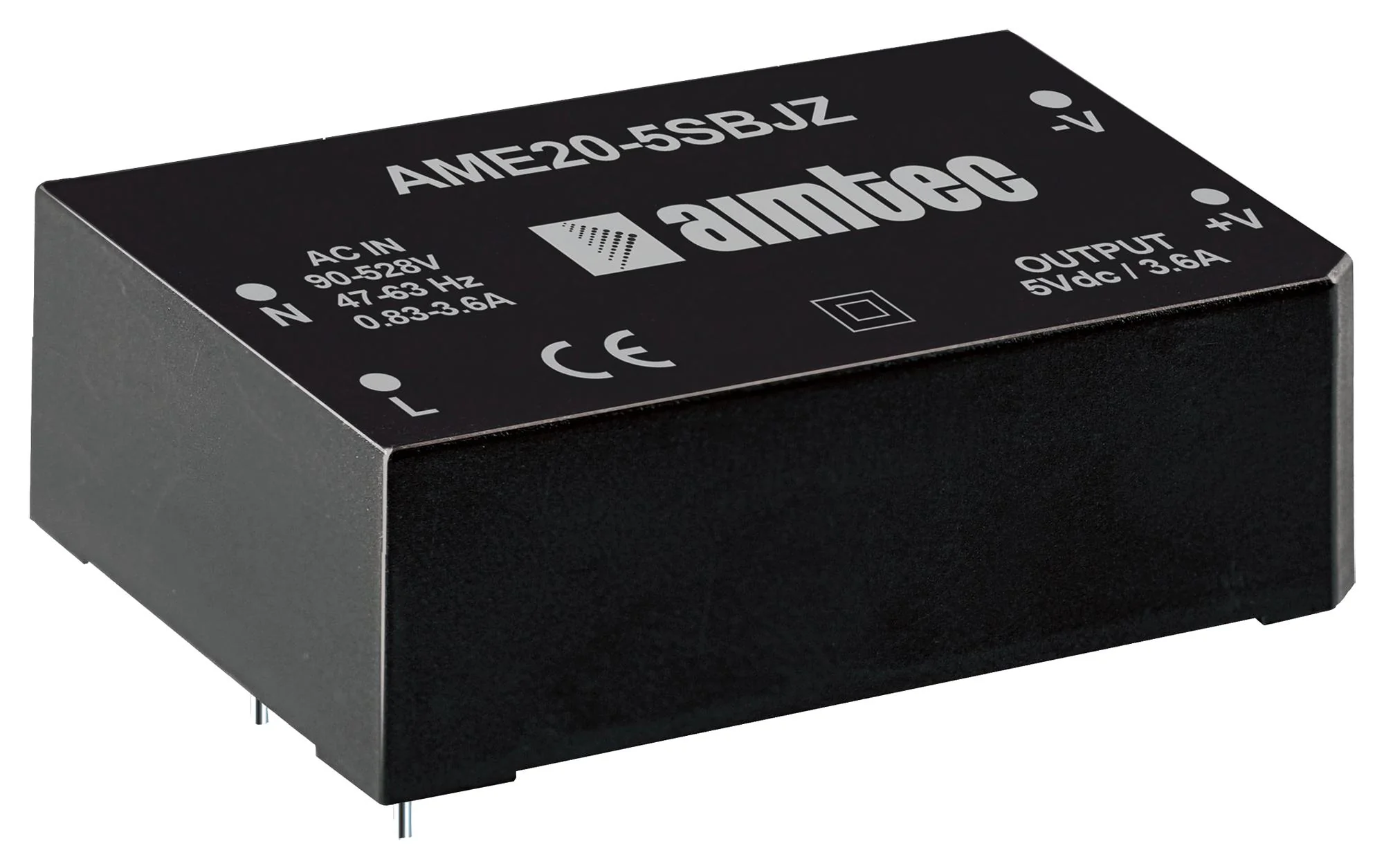 AME20-5SBJZ - AC/DC, 18Вт, вход 90…528В, выход 5В/3.6А, изоляция 4000В AC, КПД 78%, максимальная емкостная нагрузка не более 10000мкФ, 70x48x30мм, -40…70°C, пластик