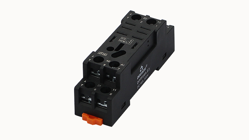 Колодка для реле DPTF08A-E3 - Колодка для реле DRPL-2C, 10A, 300V, фиксация провода: с кольцевым наконечником, с разъемом для модуля DMD, пластик, цвет: черный, монтаж на DIN рейку