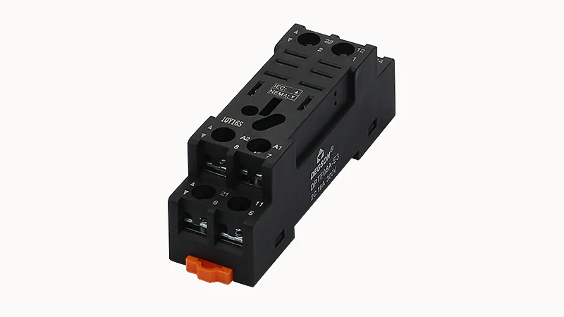Колодка для реле DPTF08A-E3 - Колодка для реле DRPL-2C, 10A, 300V, фиксация провода: с кольцевым наконечником, с разъемом для модуля DMD, пластик, цвет: черный, монтаж на DIN рейку