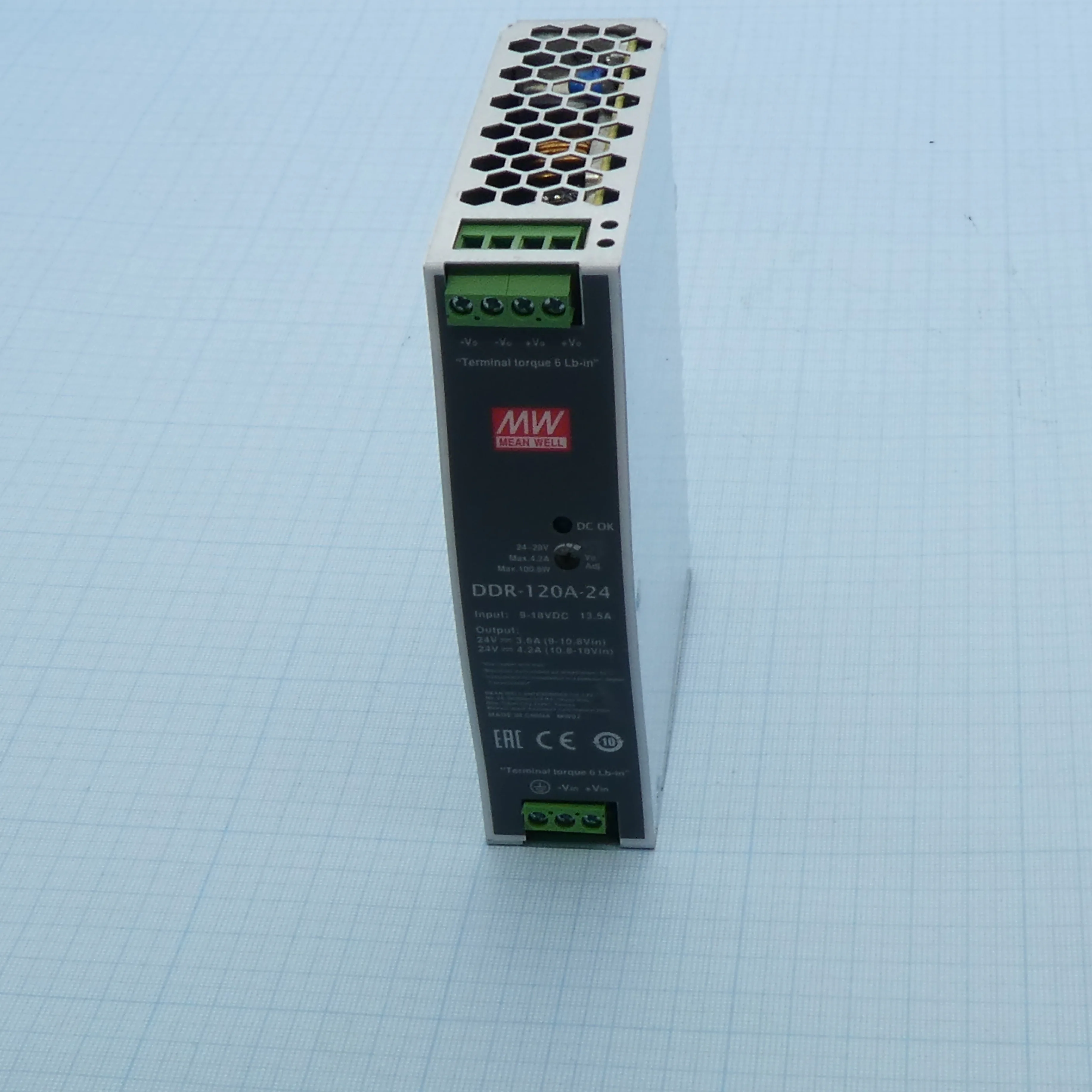 DDR-120A-24 - DC-DC, 100.8Вт, вход 9…18В DC, выход 24В/5А, изоляция 4000В DC, в кожухе на DIN-рейку, 32х125.2х102мм, -40...+70°С