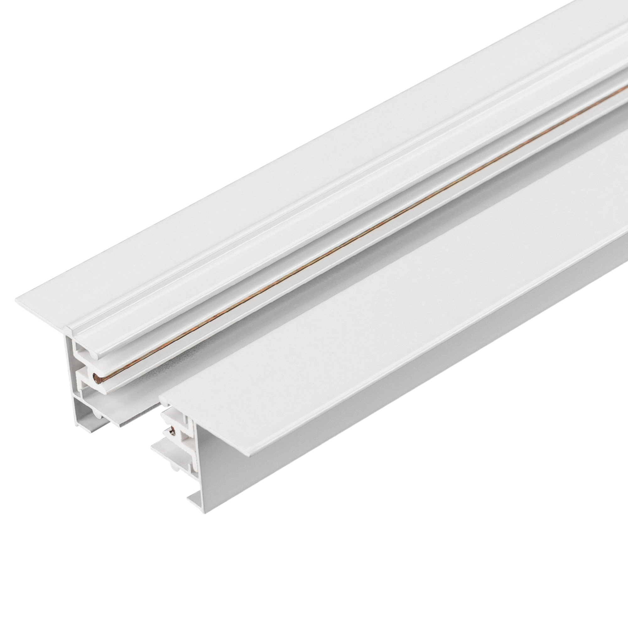 Трек LGD-2TR-TRACK-F-2000-WH-M (C) 038671 - 2 м встраиваемый белый глянцевый трек (шина) для однофазных трековых светильников, 2 провода. Коннектор питания и заглушка приобретаются отдельно. При использовании с треками и аксессуарами другой серии возможно