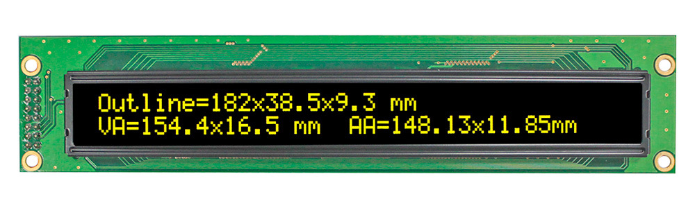 WEH004002ALPP5N00100 - OLED символьный 40х2, контроллер WS0010TX, 5В, цвет символов: желтый, габаритные размеры 182х38,5х9,3мм, размер видимой области 154,4х16,5мм, -40…+80°С