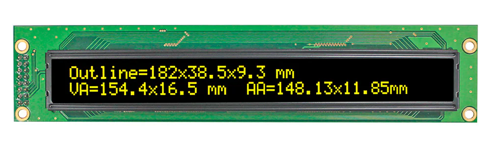 WEH004002ALPP5N00100 - OLED символьный 40х2, контроллер WS0010TX, 5В, цвет символов: желтый, габаритные размеры 182х38,5х9,3мм, размер видимой области 154,4х16,5мм, -40…+80°С