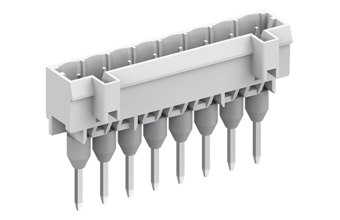 Вилочный разъем на плату 450707/110 - Вилочный разъем, вертикальный, на плату, шаг: 5.0 мм, 7 полюсов, фиксация на плате пайкой, исполнение: длина выводов 5 мм, 320V, 16A, цвет: серый