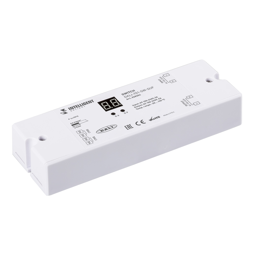 INTELLIGENT ARLIGHT Релейный модуль DALI-701-SW-SUF (BUS, 5A) 028204 - Релейный модуль с управлением по DALI для сети 220В, с релейным выходом. Вход / выход 100-240 V, ток резистивной нагрузки до 5А. Размеры 168х58х28 мм. Заменяется на 038539.