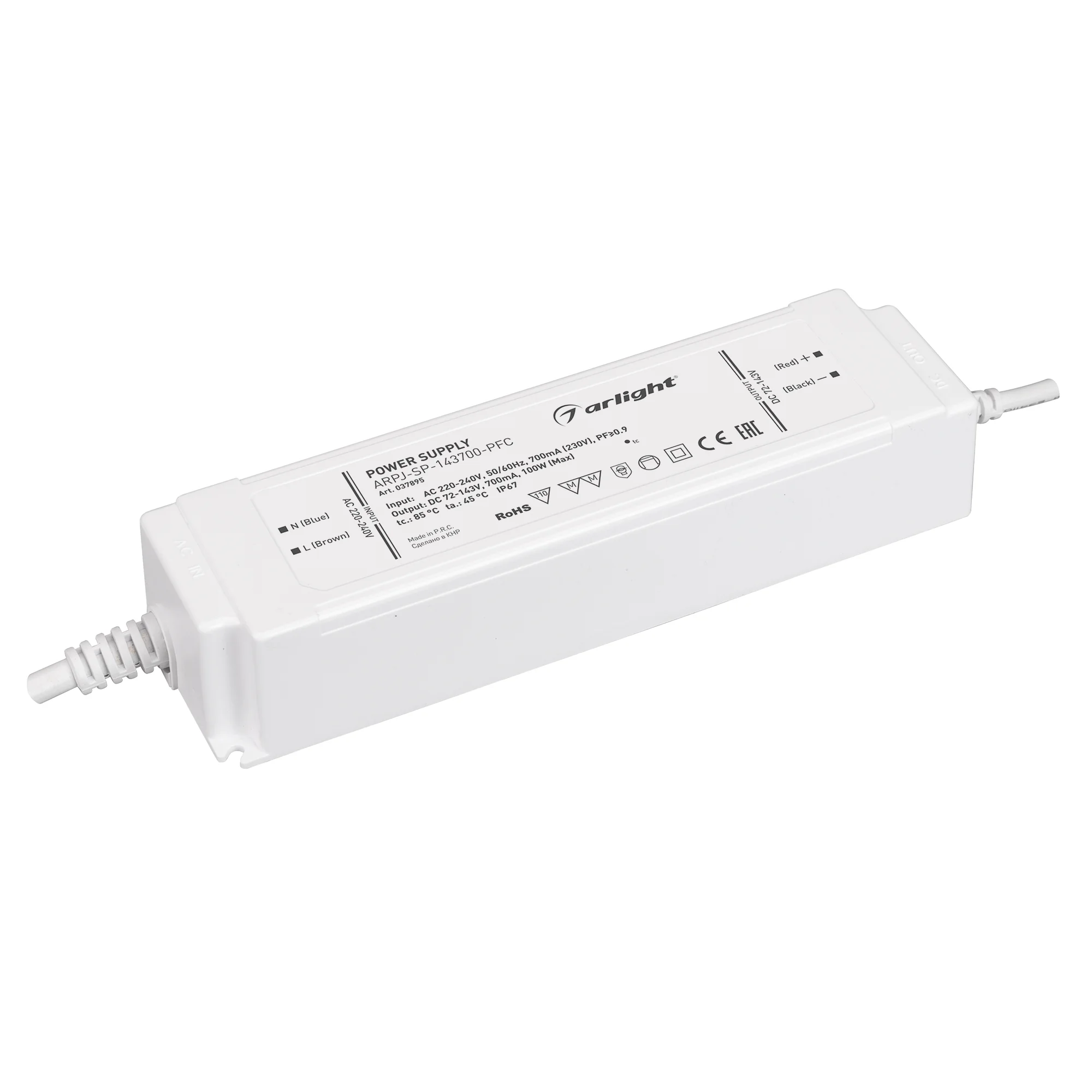 Блок питания ARPJ-SP-143700-PFC (100W, 72-143V, 0.7A) 037895 - Источник тока с гальванической развязкой для светильников и мощных светодиодов. Входное напряжение 220-240 VAC. Выходные параметры: 72-143 В, 700 mА, 100 Вт. Встроенный PFC >0.9. Герметичный п