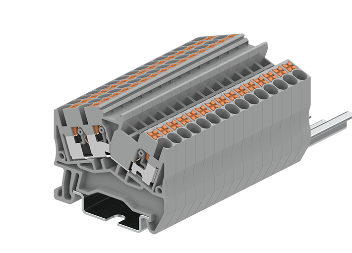 Проходная клемма TPS2.5-3-GY - Проходная клемма, угловая, 3 точки подключения, тип фиксации провода: push-in, номинальное сечение: 2,5 мм кв., 24A, 800V, ширина: 5,2 мм, цвет: серый, тип монтажа: DIN 35