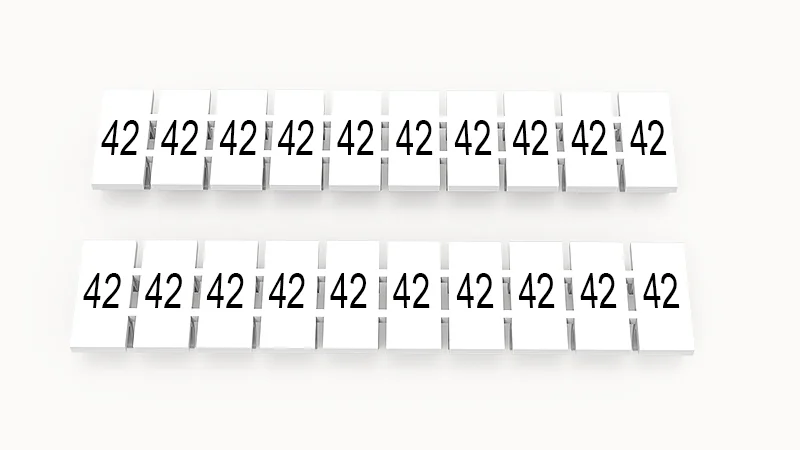 Марк.  полоска ZB5-10P-19-343Z(H) - Маркировочные шильдики для клемм WS…, DC…, PC…, сечением 2,5 мм кв., центральная, 10 шильдиков, нанесенные символы: 42 с вертикальным расположением, размер шильдика: 4,55х10,7 мм, цвет белый