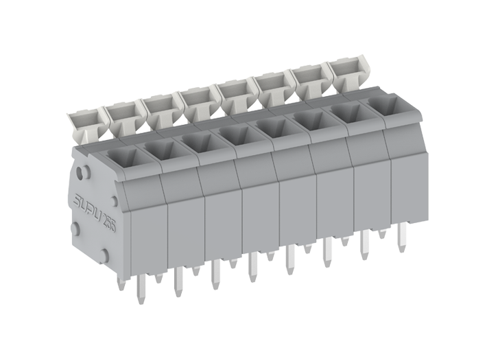 Розеточный разъем на плату 255406 - Клемма, вертикальный подвод кабеля, на плату, шаг: 5.0 мм, 6 полюсов, фиксация провода push-in, исполнение: два вывода на контакт, рычажный зажим, 320V, 24A, цвет: серый