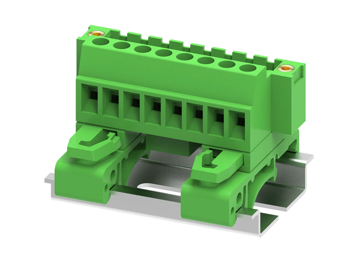 Вилочный разъем на кабель MC-PC5.08V18C-TF - Вилочный разъем, угловой, на кабель, шаг: 5.08 мм, 18 полюсов, фиксация провода винтовая, исполнение: с креплением на DIN35 и монтажными фланцами, 320V, 12A, цвет: зеленый