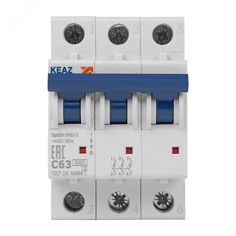 Выключатель автоматический модульный 3п C 63А 6кА OptiDin BM63-3C63-УХЛ3 КЭАЗ 260802