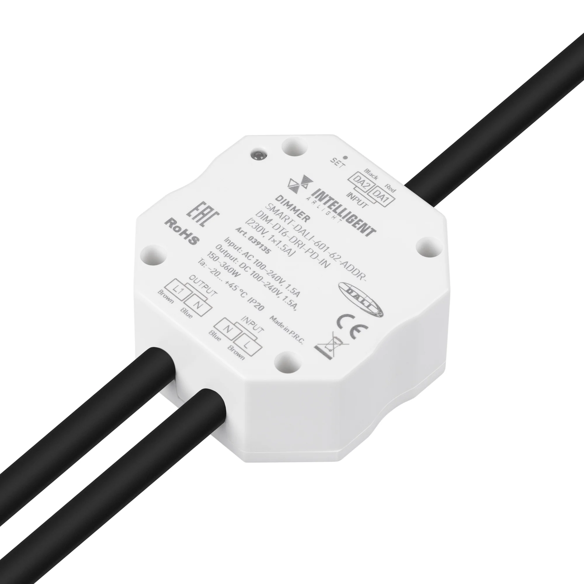 INTELLIGENT ARLIGHT Диммер SMART-DALI-601-62-ADDR-DIM-DT6-DRI-PD-IN (230V, 1x1.5A) 039135 - Диммер DALI с выходом TRIAC. Питание/выход 100-240V, ток нагрузки 1x1.5A, максимальная суммарная мощность нагрузки 150-400W. Размер 52x52x26 мм.