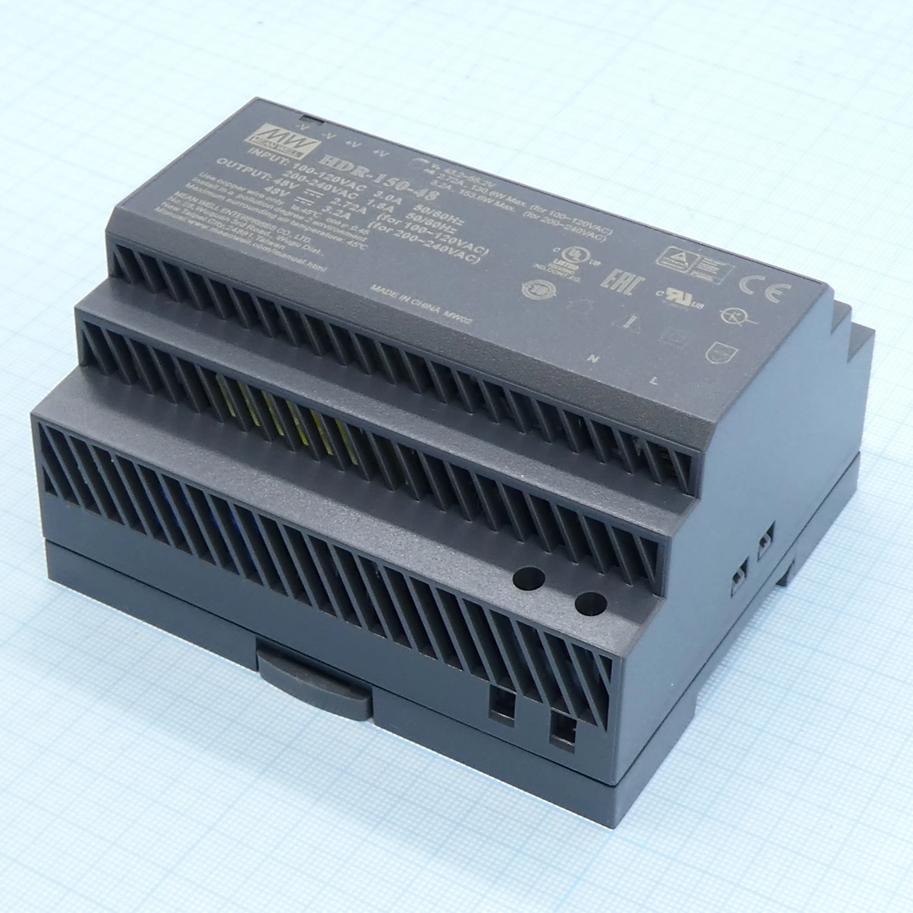 HDR-150-48 - AC-DC, 153.6Вт, вход 85...264 В AC 47...63Гц/120...370В DC, выход 48В/3.2А, рег. выхода 43.2…55.2В, изоляция 3000В AC, в кожухе на DIN-рейку, 105х90х54.5мм, -30...+70°С