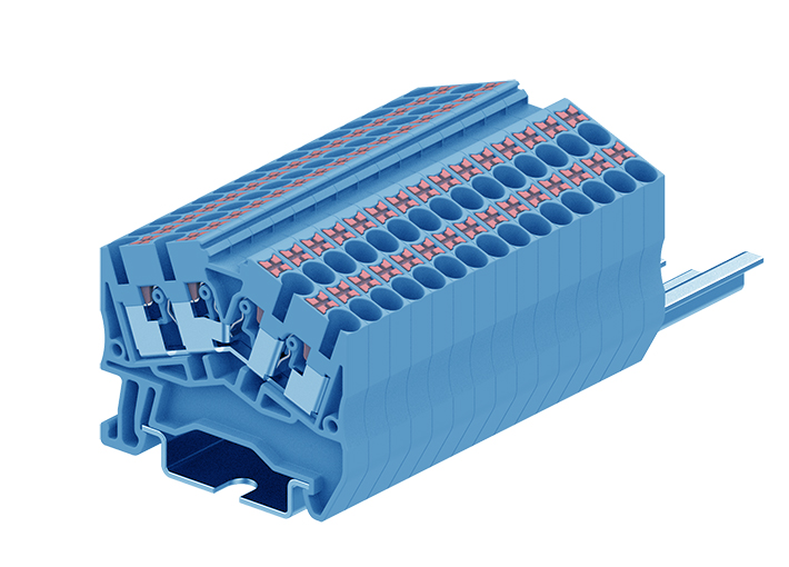 Проходная клемма TPS2.5-4-BU - Проходная клемма, угловая, 4 точки подключения, тип фиксации провода: push-in, номинальное сечение: 2,5 мм кв., 24A, 800V, ширина: 5,2 мм, цвет: синий, тип монтажа: DIN 35