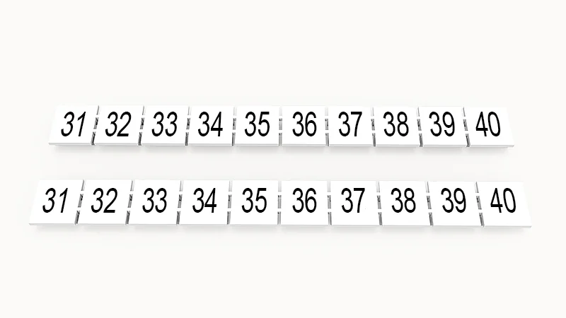 Марк.  полоска ZB10-10P-19-04Z(H) - Маркировочные шильдики для клемм WS…, DC…, PC…, сечением 10 мм кв., центральная, 10 шильдиков нанесенные символы: 31-40, с вертикальным расположением, размер шильдика: 9,3х10,7 мм, цвет белый