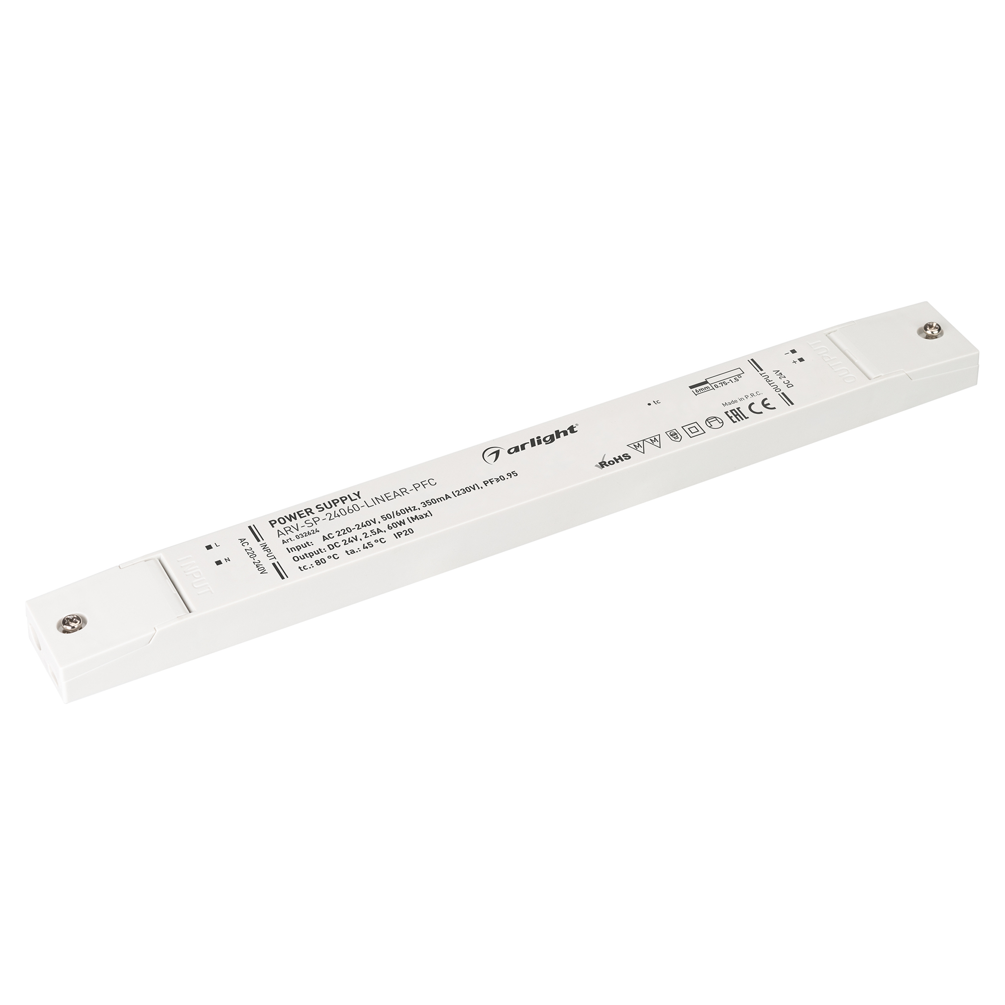Блок питания ARV-SP-24060-LINEAR-PFC (24V, 2.5A, 60W) 032624 - Источник напряжения с гальванической развязкой для светодиодных изделий. Входное напряжение 220-240 VAC. Выходные параметры: 24 В, 2.5 А, 60 Вт. Встроенный PFC >0.95. Тонкий пластиковый корпус