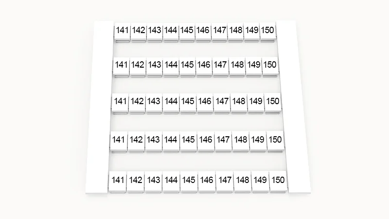Марк. кассета DEK6-50P-19-116Z(H) - Кассета с шильдиками для клемм WS…, сечением 4 мм кв., боковая, 50 шильдиков, нанесенные символы: 141-150, 5 полосок, с вертикальным расположением, размер шильдика: 5,8х5,5 мм, цвет белый